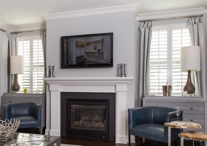 family room New York City faux wood shutters